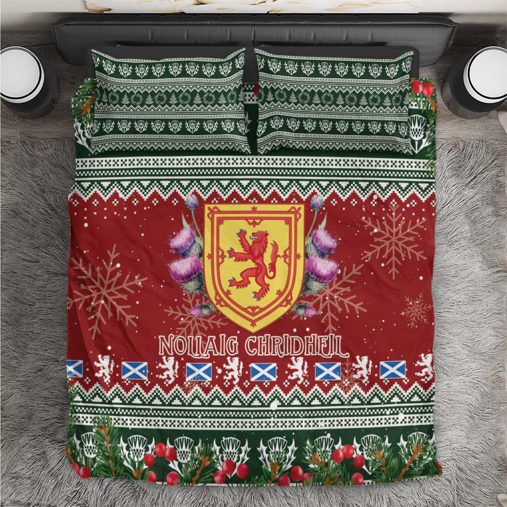 Red and green Scottish Christmas bedding set with crest, thistle, and fair-isle patterns