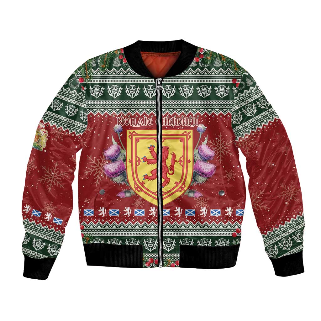 Red and green Christmas bomber jacket with zipper, crest shield and thistle motifs