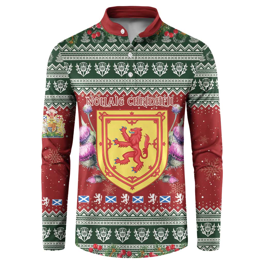 Red and green button-front sweatshirt with crest graphic and Fair Isle pattern