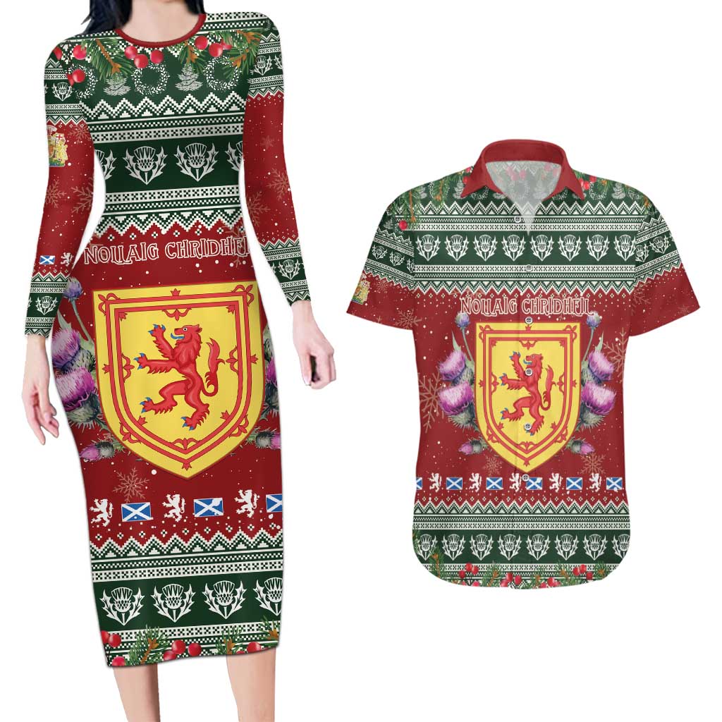 Scotland Christmas Couples Matching Long Sleeve Bodycon Dress and Hawaiian Shirt The Royal Arms of Scotland With Thistle - Wonder Print Shop