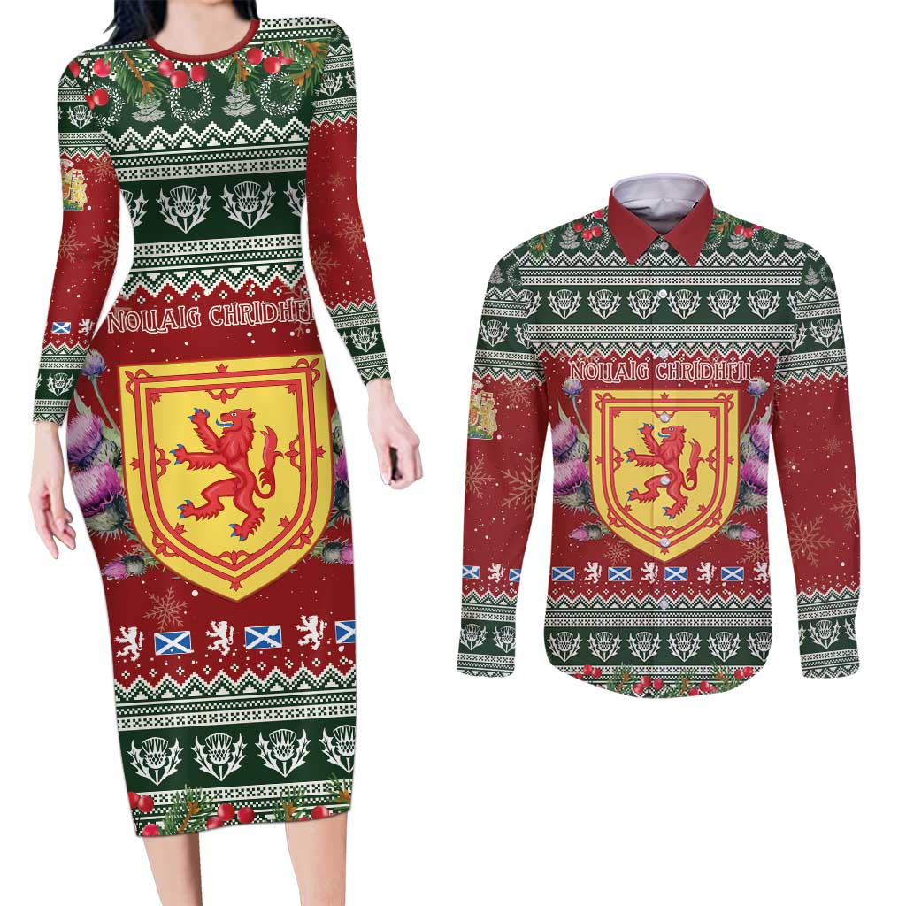 Scotland Christmas Couples Matching Long Sleeve Bodycon Dress and Long Sleeve Button Shirt The Royal Arms of Scotland With Thistle - Wonder Print Shop