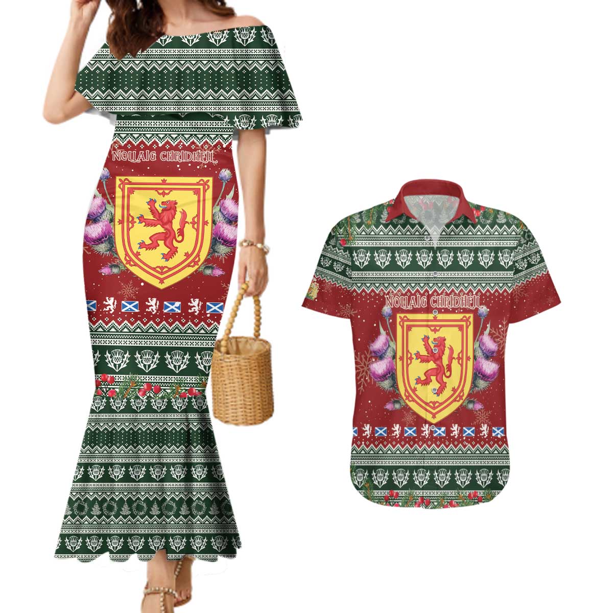 Scotland Christmas Couples Matching Mermaid Dress and Hawaiian Shirt The Royal Arms of Scotland With Thistle - Wonder Print Shop