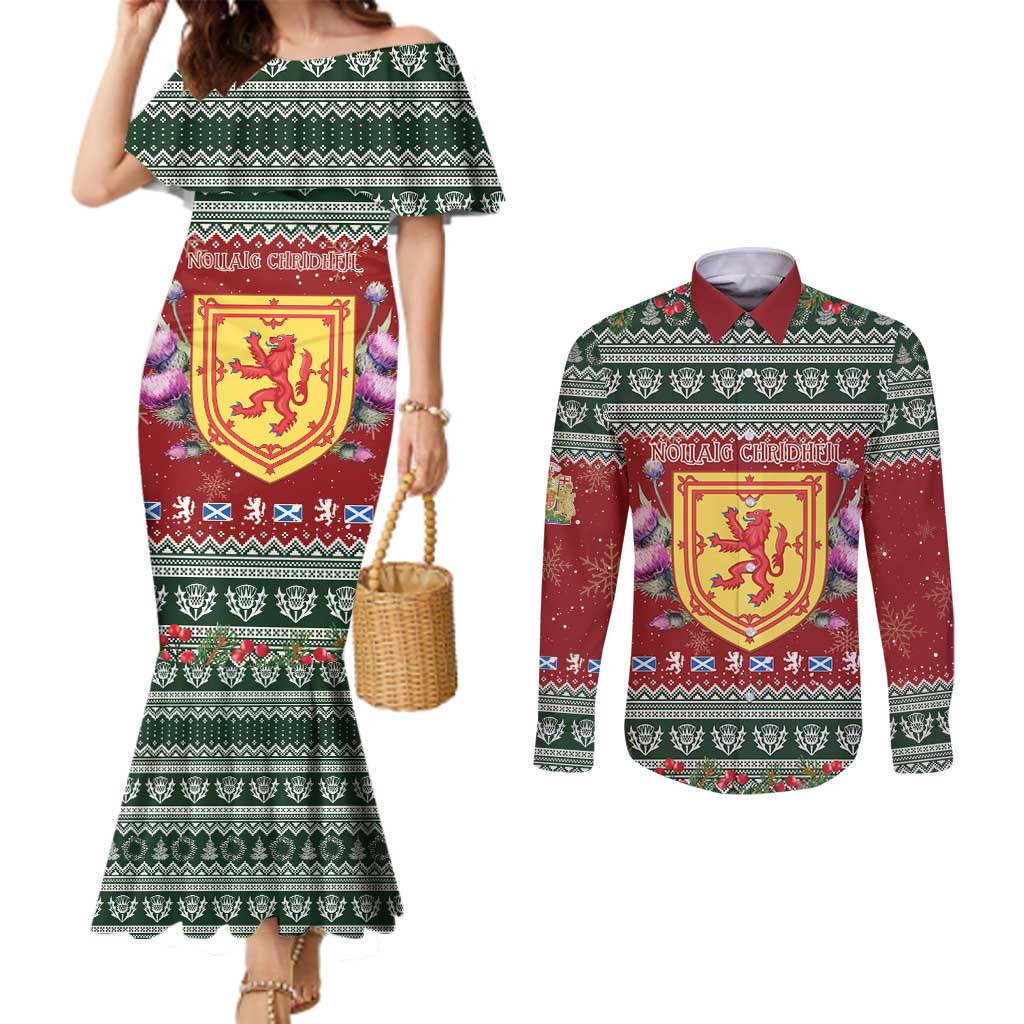 Scotland Christmas Couples Matching Mermaid Dress and Long Sleeve Button Shirt The Royal Arms of Scotland With Thistle