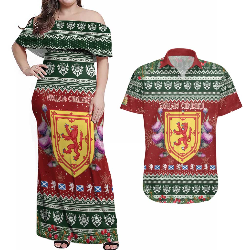 Scotland Christmas Couples Matching Off Shoulder Maxi Dress and Hawaiian Shirt The Royal Arms of Scotland With Thistle - Wonder Print Shop