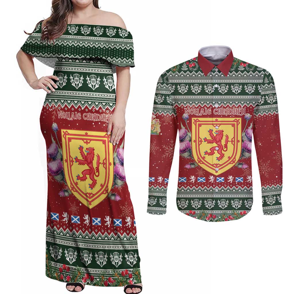 Scotland Christmas Couples Matching Off Shoulder Maxi Dress and Long Sleeve Button Shirt The Royal Arms of Scotland With Thistle - Wonder Print Shop