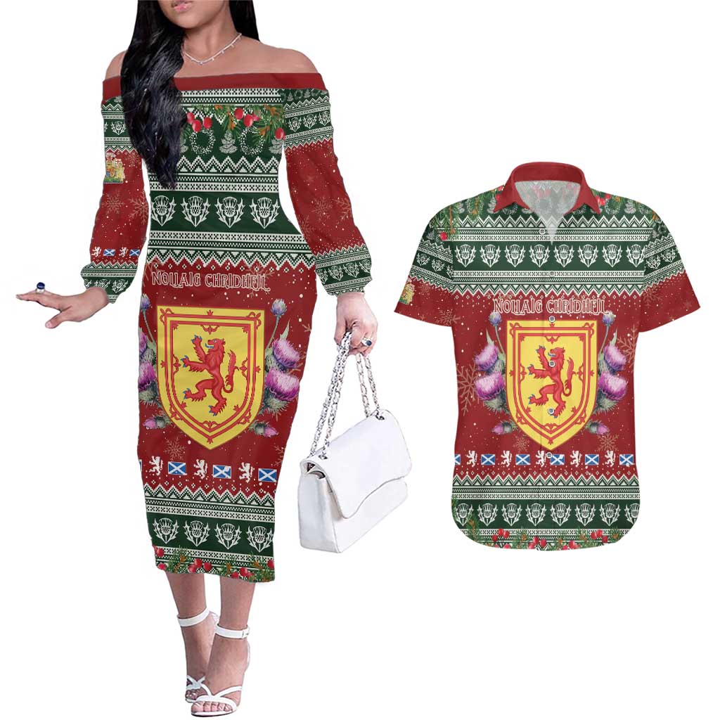 Scotland Christmas Couples Matching Off The Shoulder Long Sleeve Dress and Hawaiian Shirt The Royal Arms of Scotland With Thistle - Wonder Print Shop