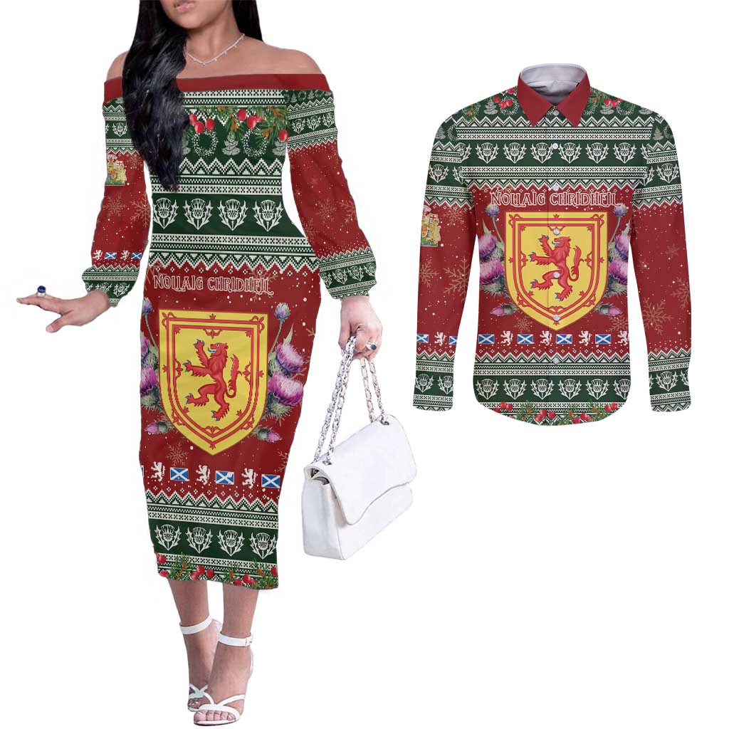 Scotland Christmas Couples Matching Off The Shoulder Long Sleeve Dress and Long Sleeve Button Shirt The Royal Arms of Scotland With Thistle