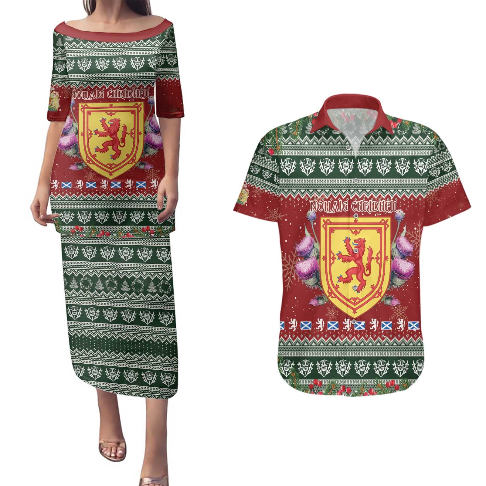 Scotland Christmas Couples Matching Puletasi and Hawaiian Shirt The Royal Arms of Scotland With Thistle - Wonder Print Shop