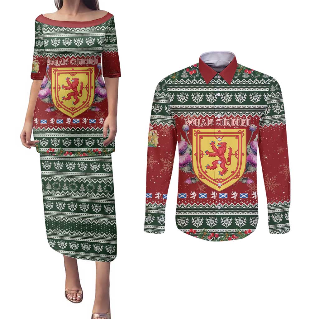 Scotland Christmas Couples Matching Puletasi and Long Sleeve Button Shirt The Royal Arms of Scotland With Thistle - Wonder Print Shop