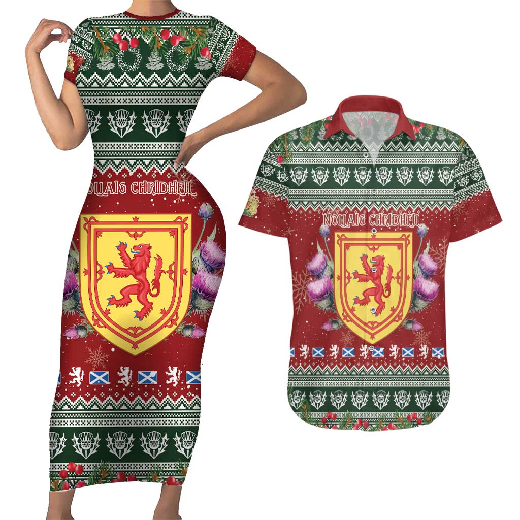 Scotland Christmas Couples Matching Short Sleeve Bodycon Dress and Hawaiian Shirt The Royal Arms of Scotland With Thistle - Wonder Print Shop