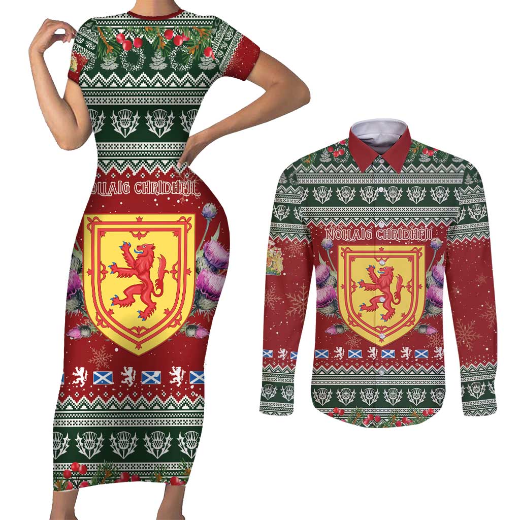 Scotland Christmas Couples Matching Short Sleeve Bodycon Dress and Long Sleeve Button Shirt The Royal Arms of Scotland With Thistle - Wonder Print Shop