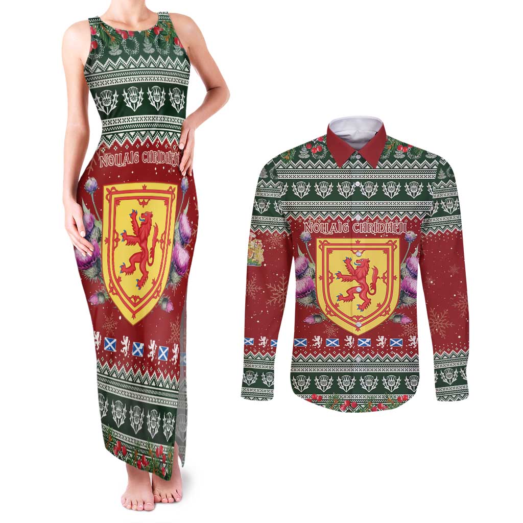 Scotland Christmas Couples Matching Tank Maxi Dress and Long Sleeve Button Shirt The Royal Arms of Scotland With Thistle - Wonder Print Shop