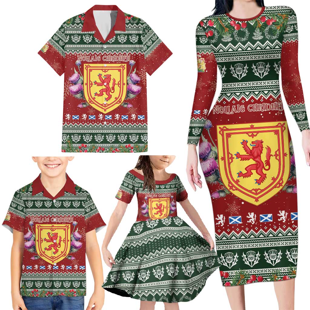 Scotland Christmas Family Matching Long Sleeve Bodycon Dress and Hawaiian Shirt The Royal Arms of Scotland With Thistle - Wonder Print Shop