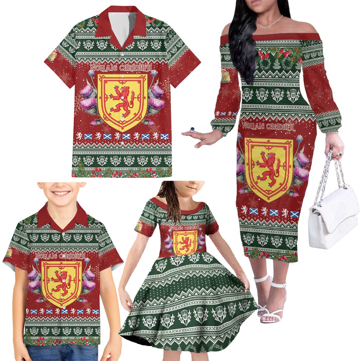 Scotland Christmas Family Matching Off The Shoulder Long Sleeve Dress and Hawaiian Shirt The Royal Arms of Scotland With Thistle - Wonder Print Shop