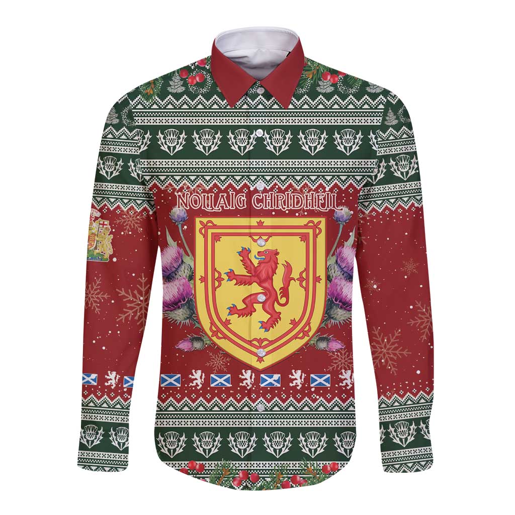 Red long sleeve button shirt with green Nordic pattern and Scotland crest graphic