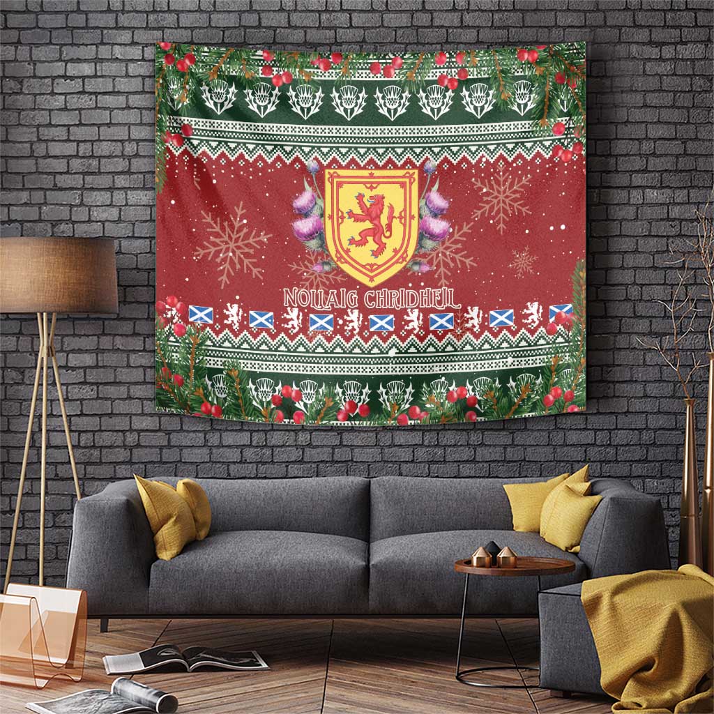 Red Scotland Christmas tapestry with crest shield, thistles, snowflakes and festive border