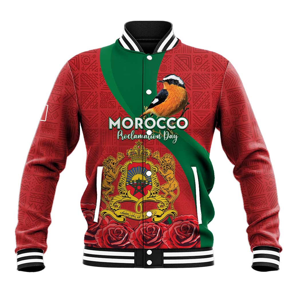 Red and green Morocco-themed baseball jacket with crest, bird graphic, and ribbed trim