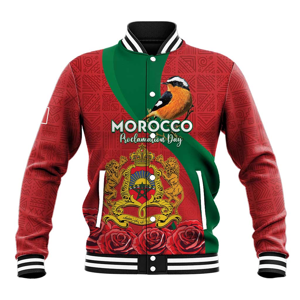 Personalised Morocco Proclamation Day Baseball Jacket Moussier's Redstart With Coat Of Arms