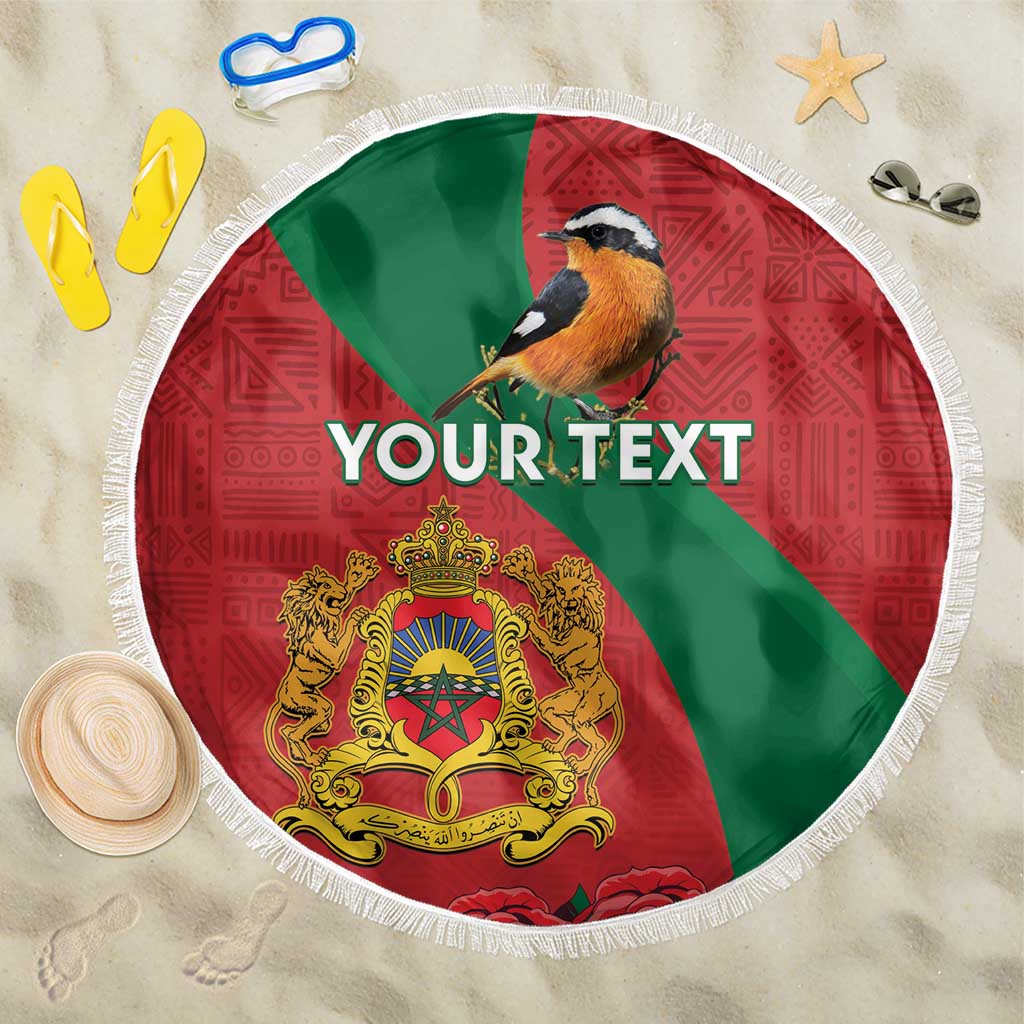 Personalised Morocco Proclamation Day Beach Blanket Moussier's Redstart With Coat Of Arms - Wonder Print Shop