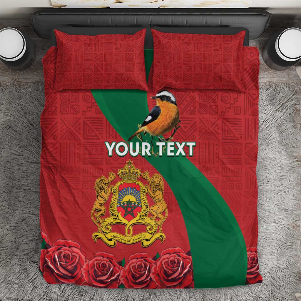 Personalized red bedding set with green diagonal stripe, bird crest, roses, two pillow shams