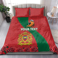 Personalized red duvet with green diagonal stripe, bird crest, roses, two matching pillow shams
