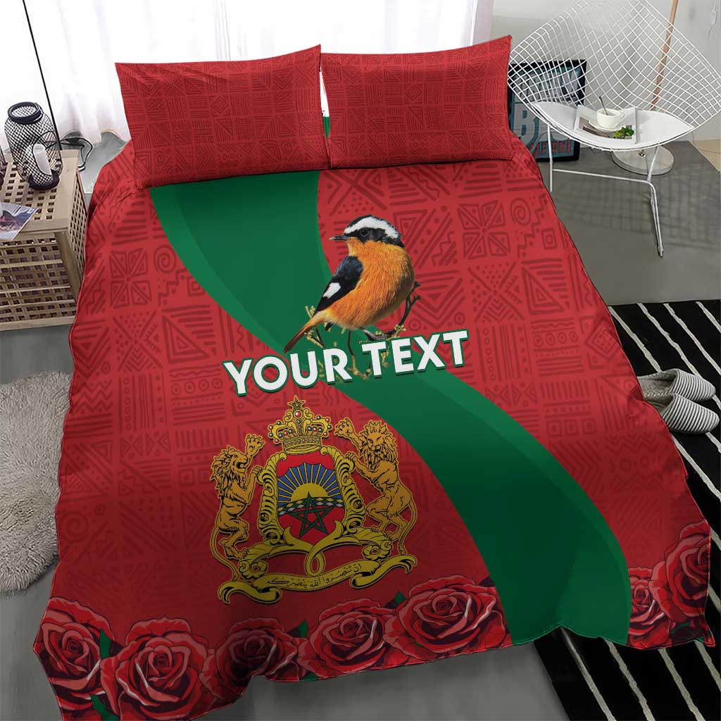 Personalized red duvet bedding with green diagonal stripe, bird crest, roses, two pillow shams
