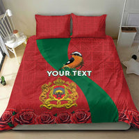 Personalized red bedding set with green diagonal stripe, bird crest, roses, two pillow shams