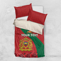 Personalized red duvet cover with green diagonal stripe, bird crest, roses, red and white pillows