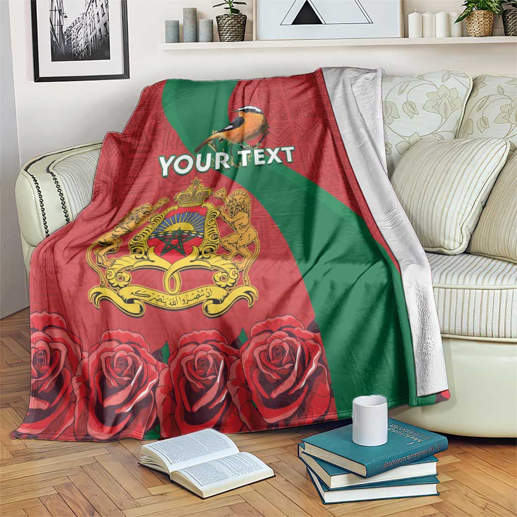 Personalized Morocco proclamation blanket, red and green with bird, crest, roses, YOUR TEXT