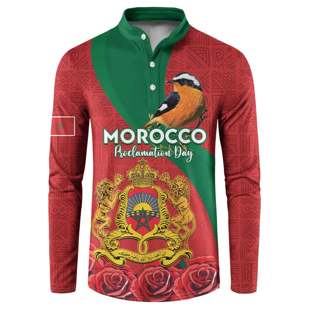 Red and green long-sleeve button henley sweatshirt with MOROCCO Proclamation Day print