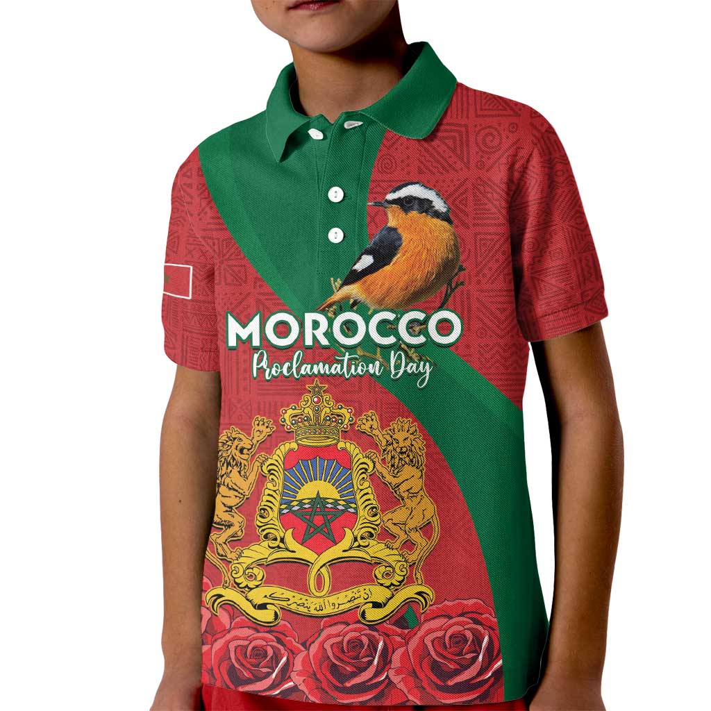 Personalised Morocco Proclamation Day Kid Polo Shirt Moussier's Redstart With Coat Of Arms