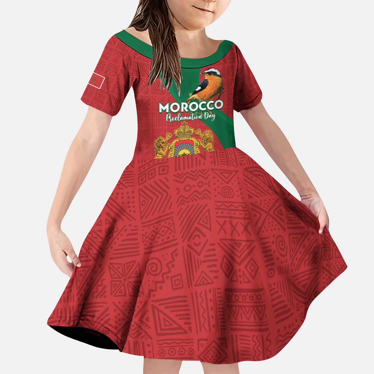 Personalised Morocco Proclamation Day Kid Short Sleeve Dress Moussier's Redstart With Coat Of Arms