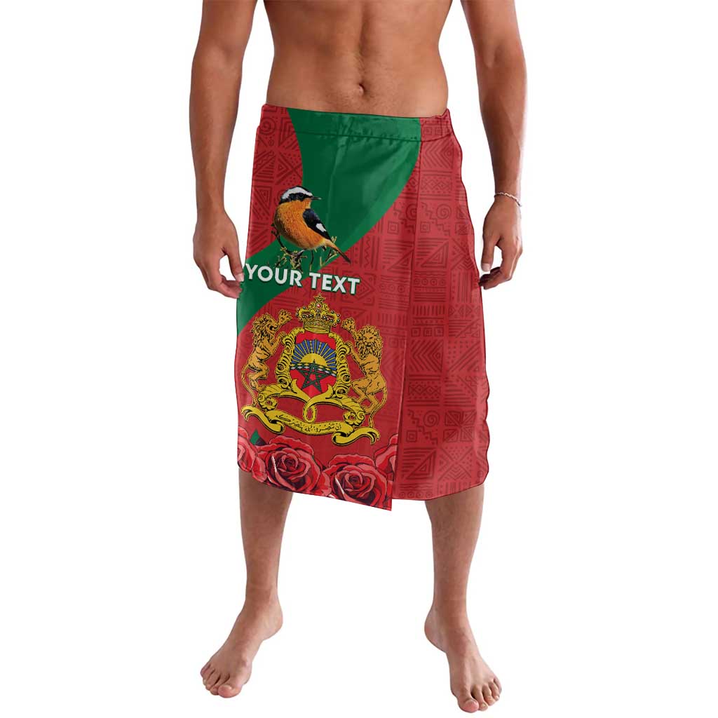 Men's red and green patterned lavalava with bird, coat of arms, and roses graphic