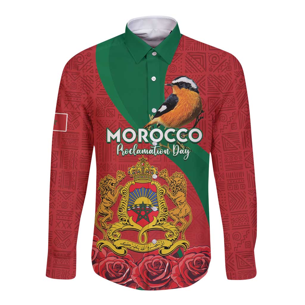 Red long-sleeve button shirt with green yoke, bird print and Morocco text