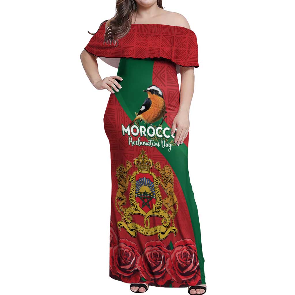 Personalised Morocco Proclamation Day Off Shoulder Maxi Dress Moussier's Redstart With Coat Of Arms - Wonder Print Shop