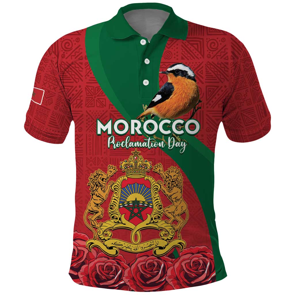 Personalised Morocco Proclamation Day Polo Shirt Moussier's Redstart With Coat Of Arms