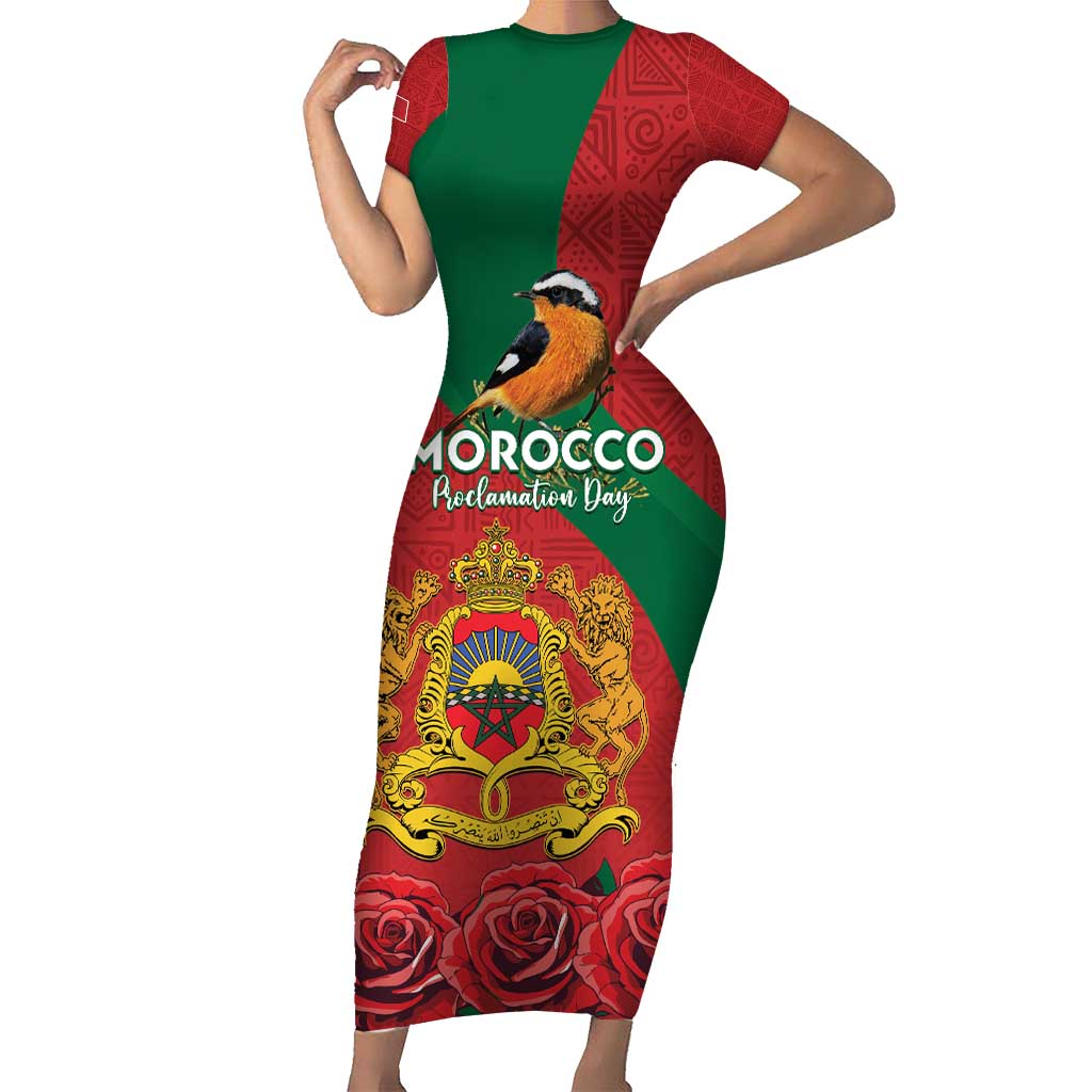 Personalised Morocco Proclamation Day Short Sleeve Bodycon Dress Moussier's Redstart With Coat Of Arms - Wonder Print Shop