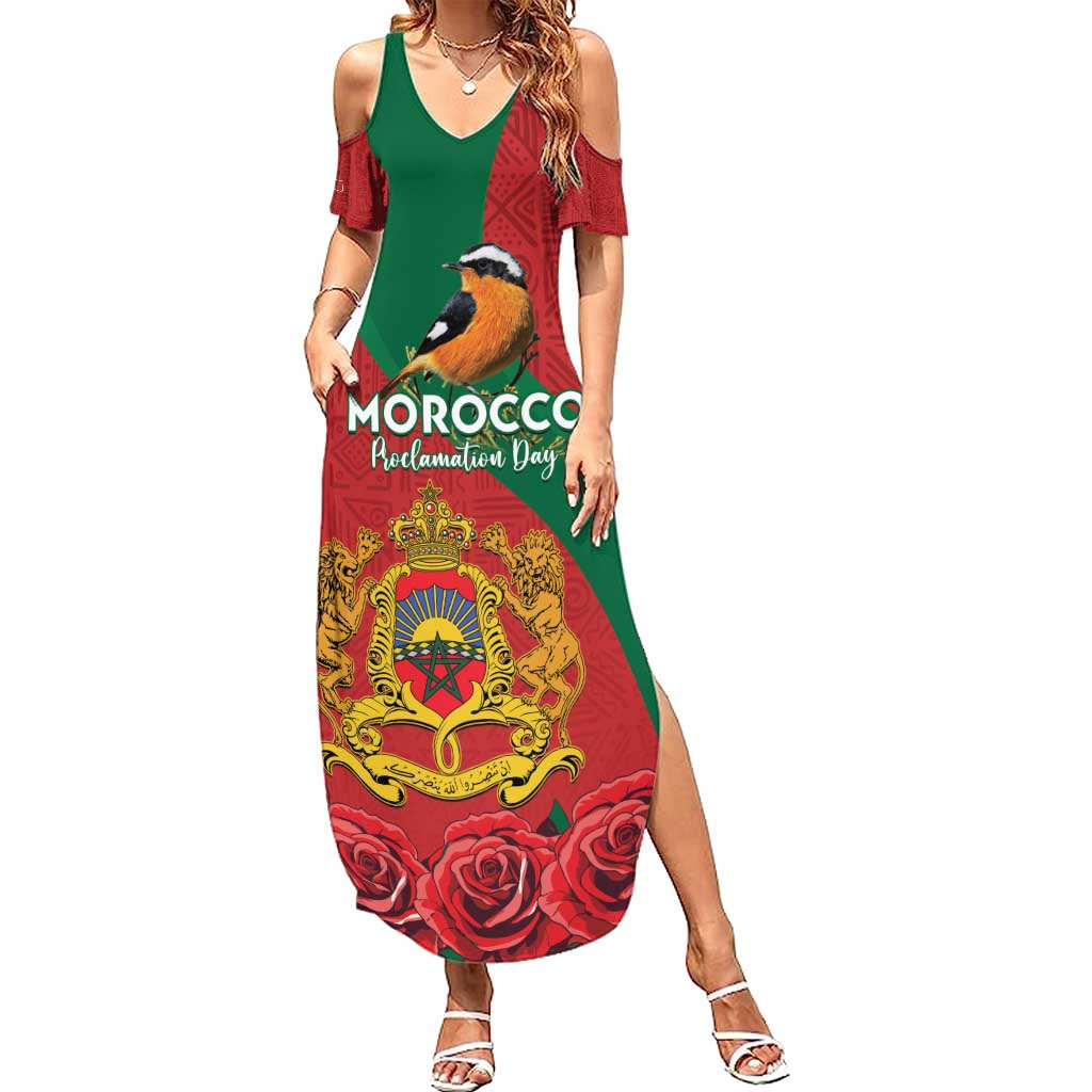 Personalised Morocco Proclamation Day Summer Maxi Dress Moussier's Redstart With Coat Of Arms - Wonder Print Shop