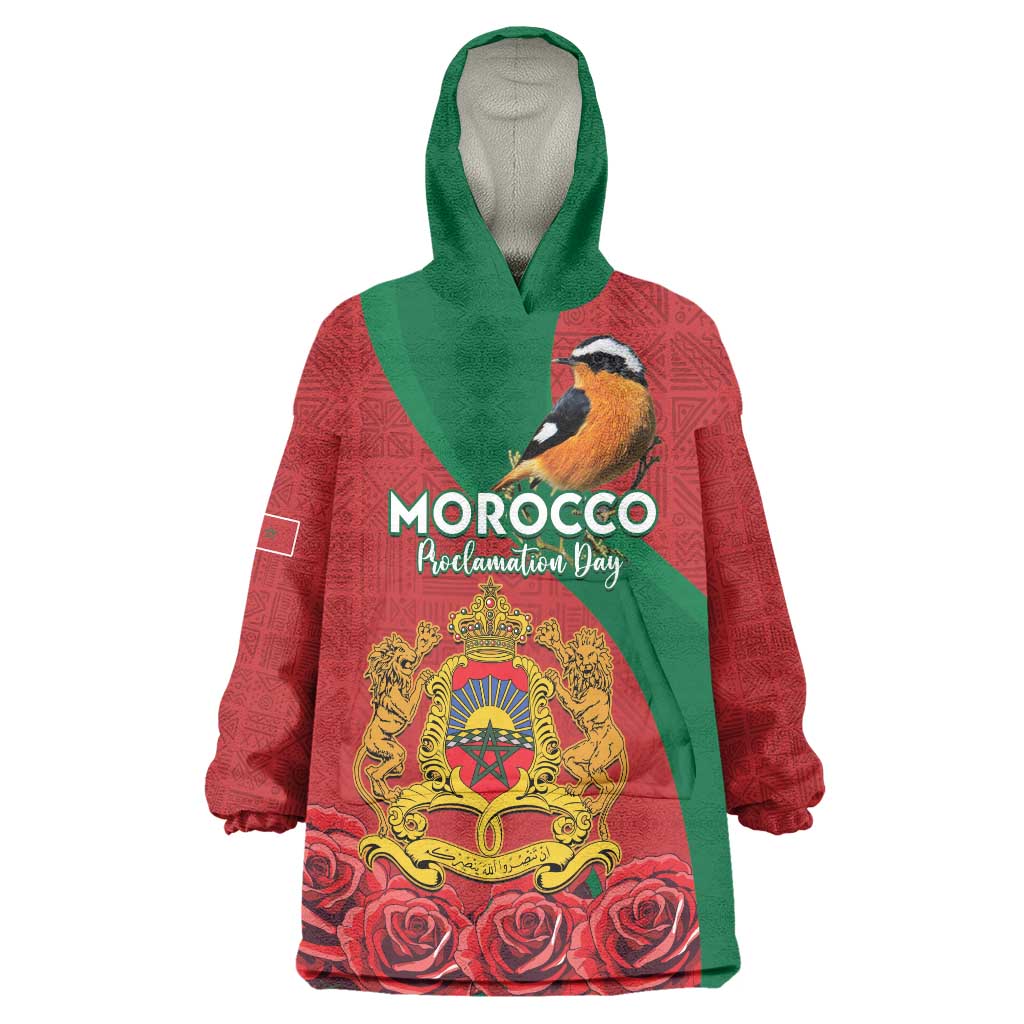 Personalised Morocco Proclamation Day Wearable Blanket Hoodie Moussier's Redstart With Coat Of Arms