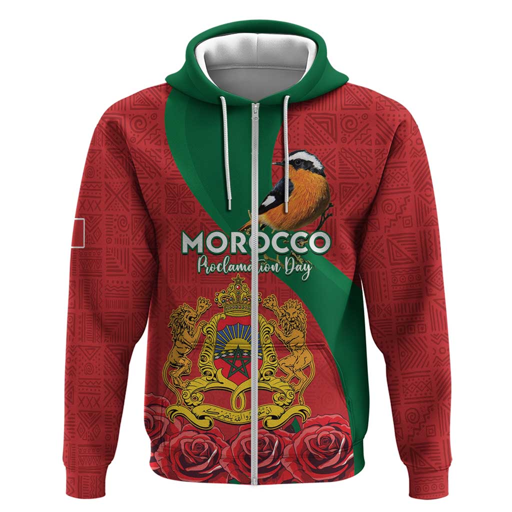 Personalised Morocco Proclamation Day Zip Hoodie Moussier's Redstart With Coat Of Arms - Wonder Print Shop