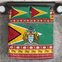 Green holiday bedding set with Guyana flag-style pillows and coat-of-arms emblem center