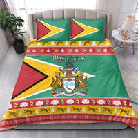 Green holiday bedding set with two pillows, Guyana flag stripes, and Merry Christmas text