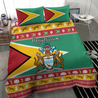 Green duvet bedding set with pillows, Guyana coat-of-arms crest, and Merry Christmas script