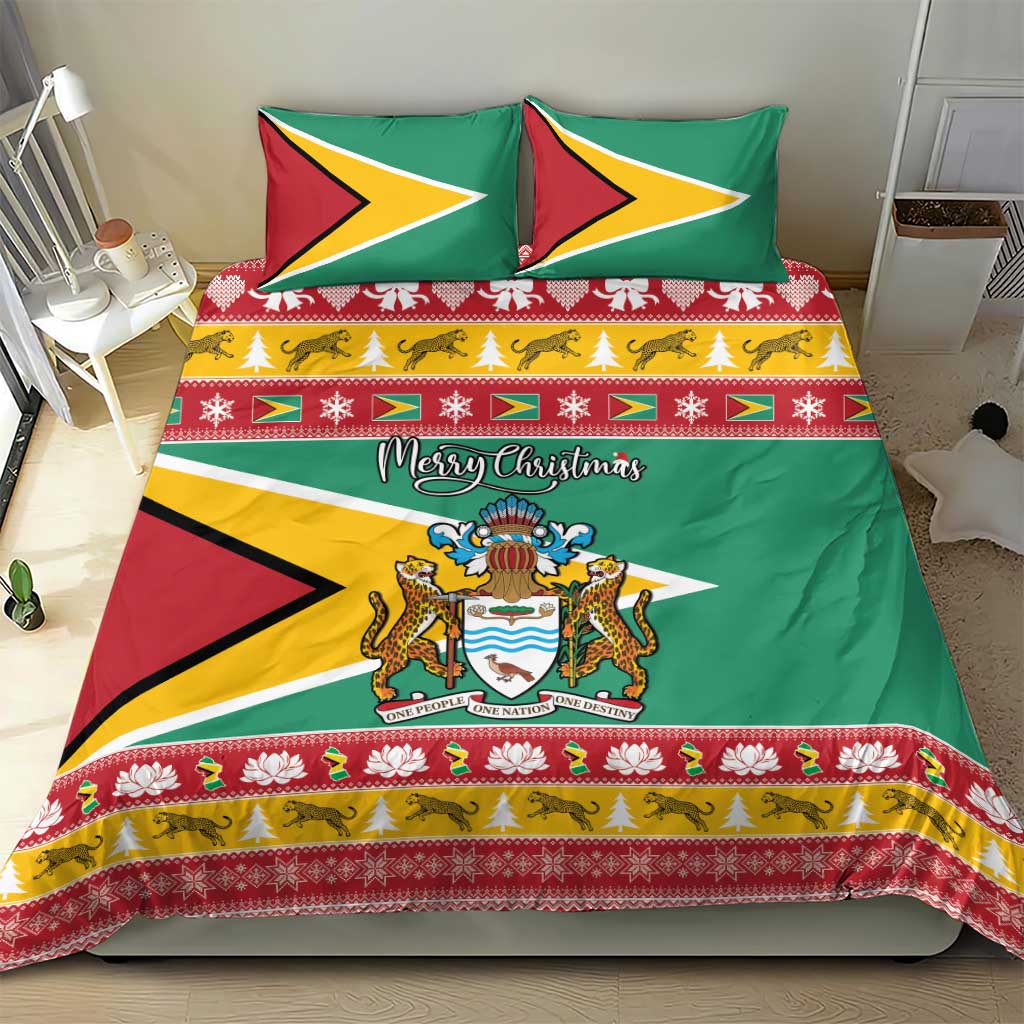 Green holiday duvet set with two pillows, Guyana coat-of-arms emblem and festive border