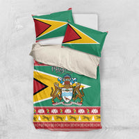 Green holiday bedding set with two pillowcases and duvet, Guyana flag colors and crest