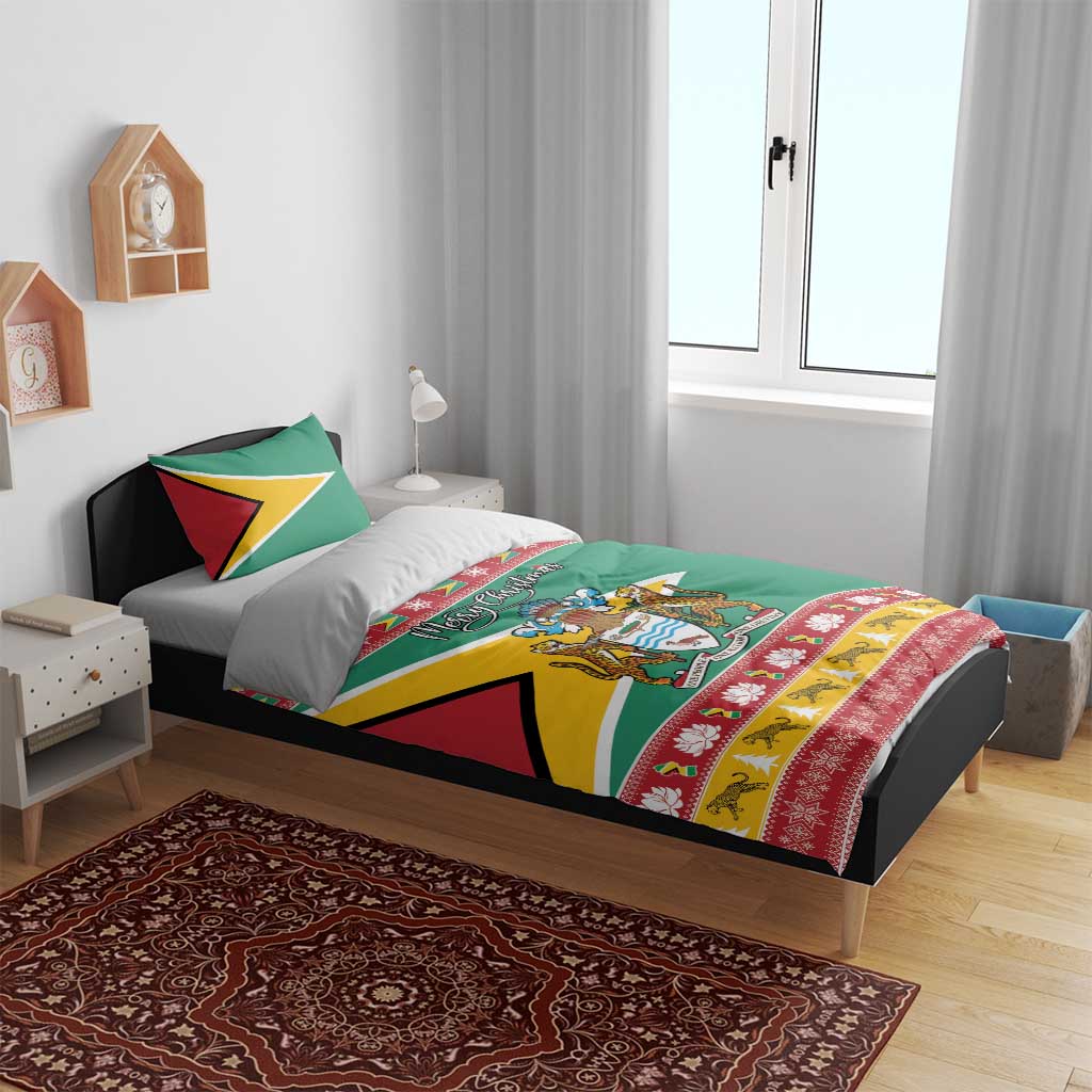 Green holiday duvet set with pillows featuring Guyana crest and Merry Christmas panel