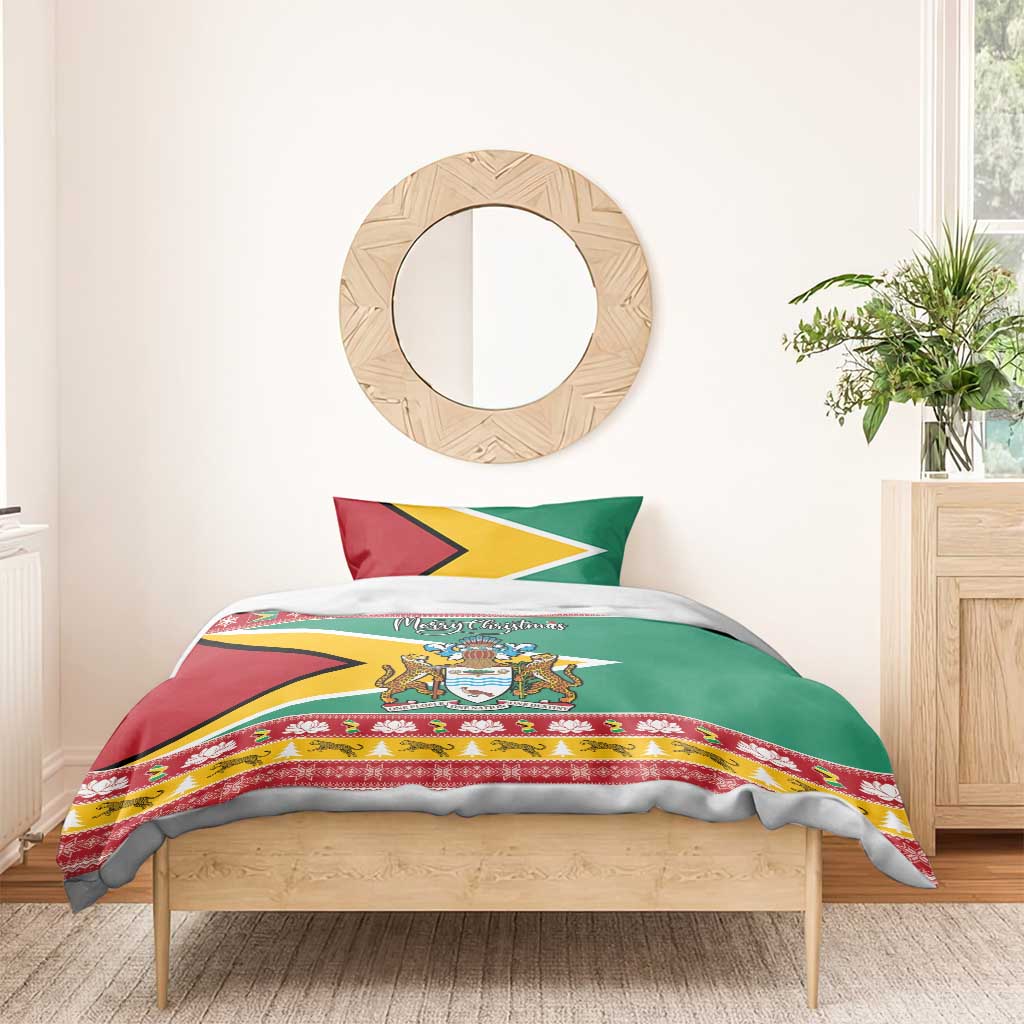 Green holiday duvet set with Guyana flag-style pillow and coat-of-arms crest center