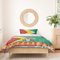 Green holiday duvet set with Guyana flag-style pillow and coat-of-arms crest center