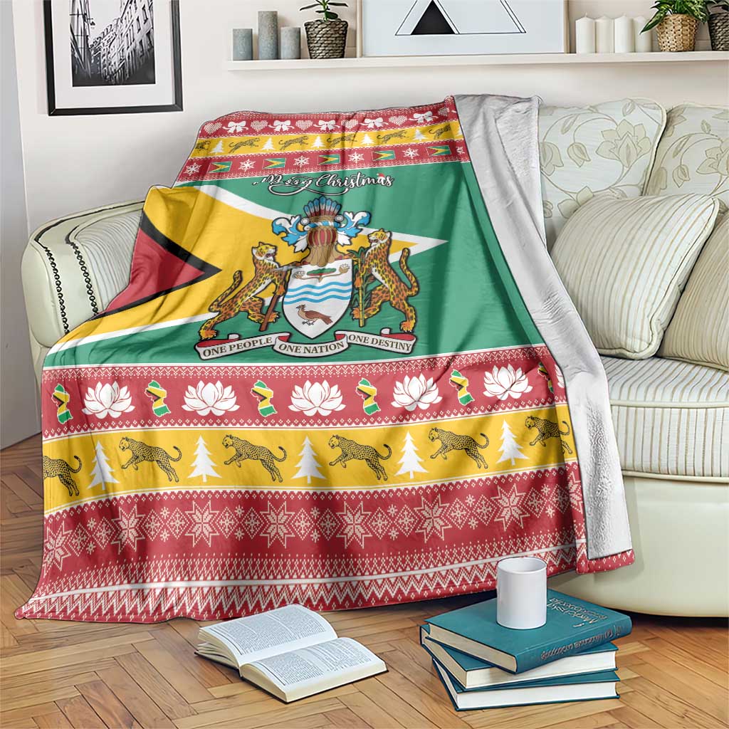 Guyana Christmas blanket with green flag design, coat of arms, and 'Merry Christmas'.