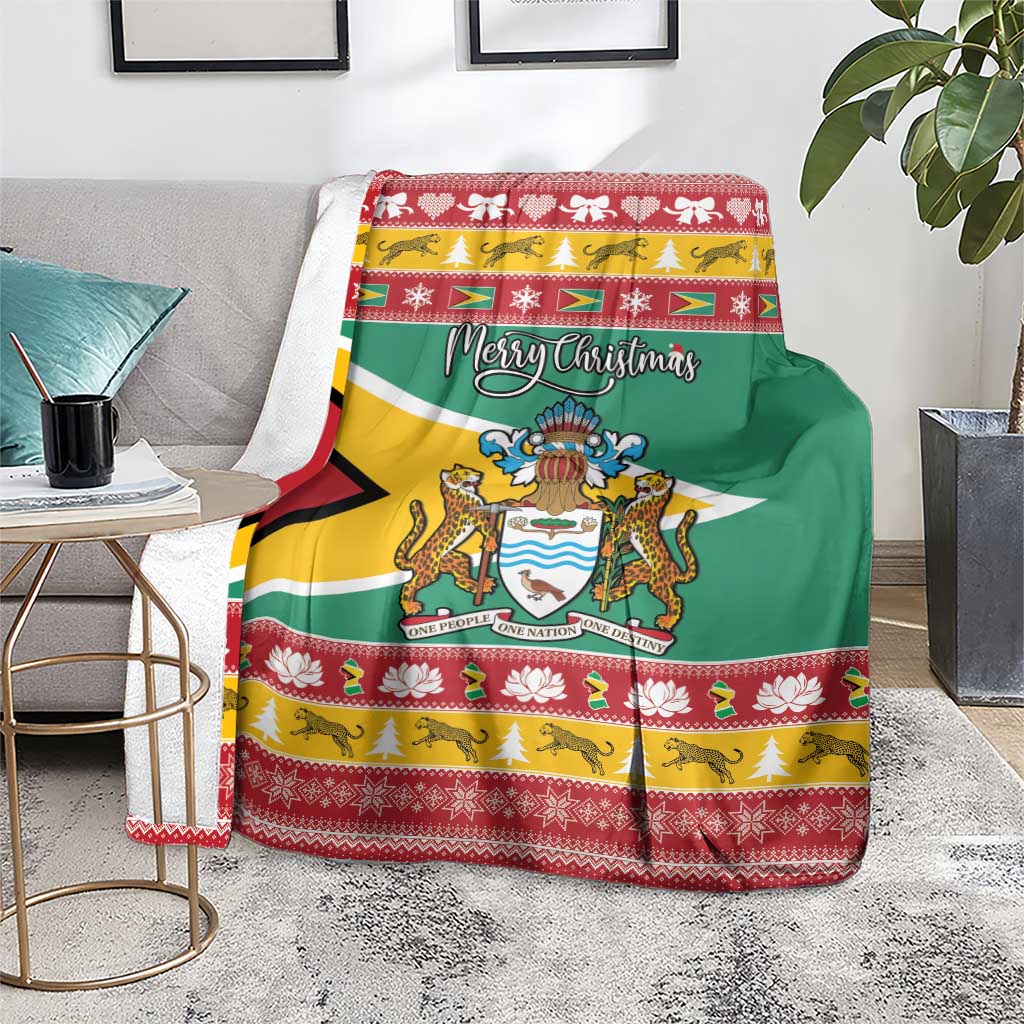Guyana Christmas blanket spread on couch with Guyana flag stripes and coat of arms.